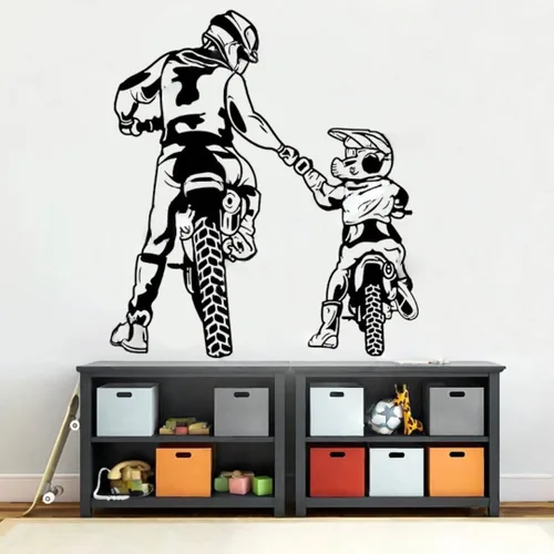 Vista 3 de Pegatina de pared para motocicleta, familia, padre, hijo, montaña, buggy, pista, niño, decoración de la habitación, pegatina de vinilo