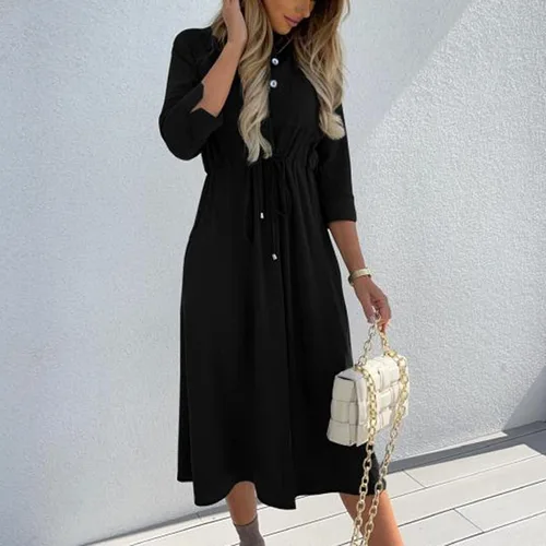 Vista 4 de Twoker Vestidos de mujer de color cuello vuelto botones cintura con cordones media manga vestido casual de primavera para mujer