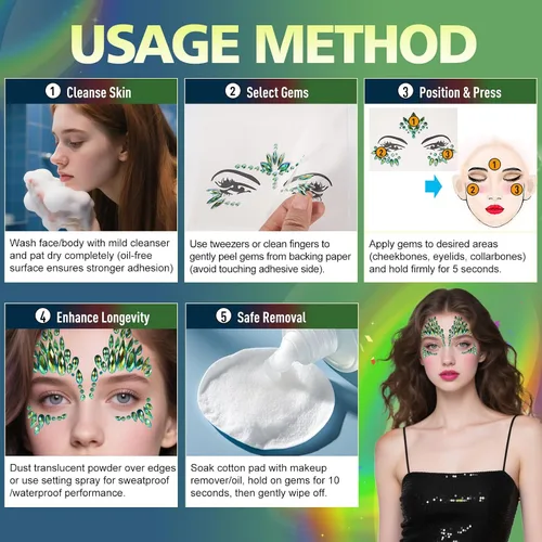 Vista 8 de Joyas faciales negras, tatuaje, calcomanías corporales, lágrimas, gemas temporales, calcomanías para Halloween, festivales, música, carnaval