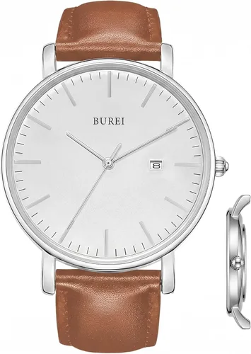 Vista 9 de BUREI Relojes de pulsera para hombre, relojes minimalistas de moda, analógicos de cuarzo, impermeables para hombres Banda negra negra
