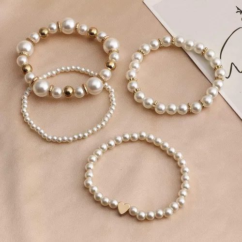 Vista 3 de Caiyao Juego de pulseras elásticas de perlas de imitación para mujer, multicapa con cuentas bohemias de semillas de arroz, hilo de perlas apilable