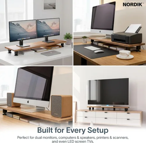 Vista 6 de Nordik - Elevador grande de doble monitor para 2 – 42.5 pulgadas de madera dura de acacia hecha a mano – Estante de madera organizador de escritorio
