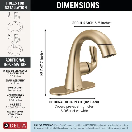Vista 6 de Delta Arvo Grifo de Baño de Oro Cepillado de 1 Agujero con Rociador, Grifo de Lavabo de Baño de Un Solo Agujero con Rociador Extraíble para Tocador