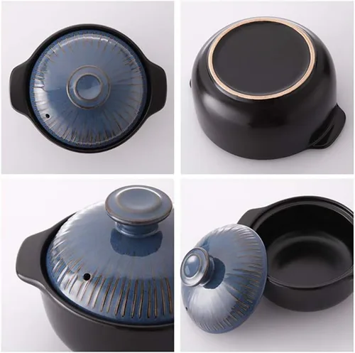 Vista 4 de Kitchen Flower Lucia - Olla caliente de cerámica esmaltada natural (vintage azul, 21.1 fl oz)