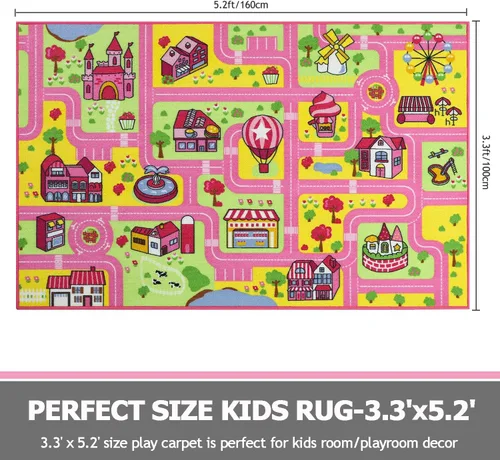 Vista 2 de Capslpad Alfombra para niños para sala de juegos, alfombra de juego rosa para tráfico, carretera, automóvil, alfombra de juego de 5.2 x 3.3 pies