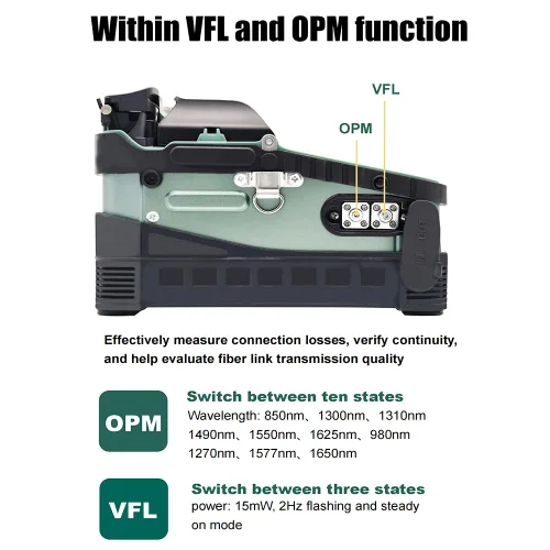 Vista 3 de SM&MM Empalmadora de Fusión de Fibra Óptica Inteligente Automática con OPM y VFL Incorporados y Kit de Cortadora de Fibra (Ai-6)