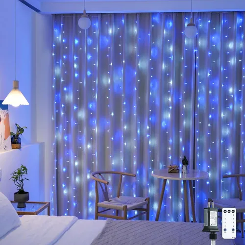Vista 28 de JMEXSUSS 200 luces LED de cortina rojas, blancas y azules, 6.5 pies x 6.5 pies, 4 de julio, luces USB enchufables, 8 modos patrióticos de cortina