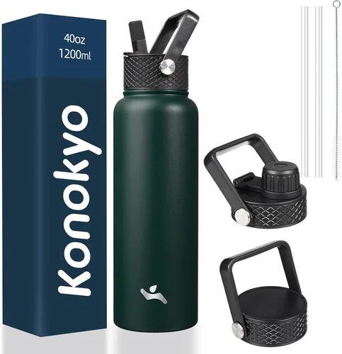 Vista 93 de Konokyo - Botella de agua aislada de 18 onzas, botellas deportivas de acero inoxidable con 3 tapas, verde militar
