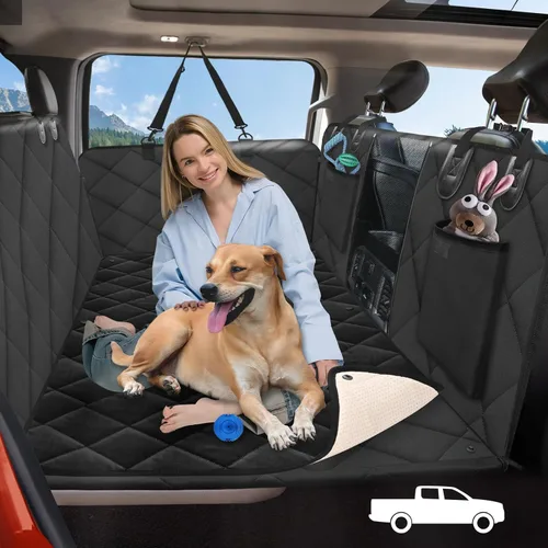 Vista 14 de Extensor de asiento trasero para perros, gran espacio, funda de asiento de automóvil para perro, parte inferior dura con capacidad para 420 libras