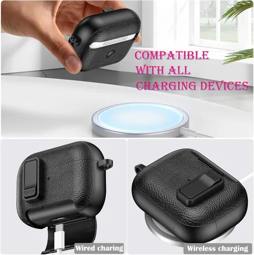 Vista 5 de Funda de cuero con clip de bloqueo para AirPods Pro 2ª/1ª con mosquetón, soporte de carga inalámbrica con soporte, cubierta de protección resistente