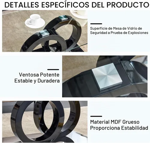 Vista 6 de Mesa de centro de cristal para sala de estar, mesa moderna de vidrio templado y patas de MDF, pequeña mesa de centro moderna (negro, estilo 1)