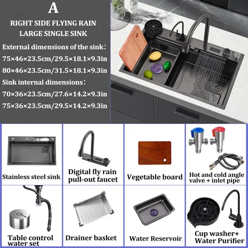 Vista 7 de Fregadero de cascada volador con pantalla digital, fregadero de cocina, fregadero de barra de acero inoxidable 304, con lavabos de copa, instalación