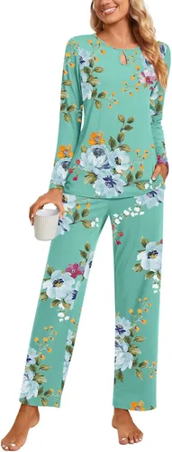 Vista 2 de Aodemo Conjunto de pijama de otoño de 2 piezas para mujer, manga larga, con abertura de cerradura, ropa de dormir para mujer, pijamas de invierno