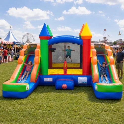 Vista 10 de Pogo Bounce House Tobogán acuático dual y piscinas inflables del castillo Rosa