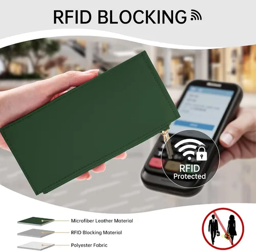 Vista 3 de Cartera RFID para mujer, forma de N, Verde, Tamaño compacto