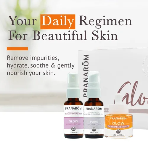 Vista 4 de Pranarom - Kit de cuidado de la piel radiante Glow - Aceite esencial 100% puro y orgánico para limpieza facial, aceite hidratante y niebla facial