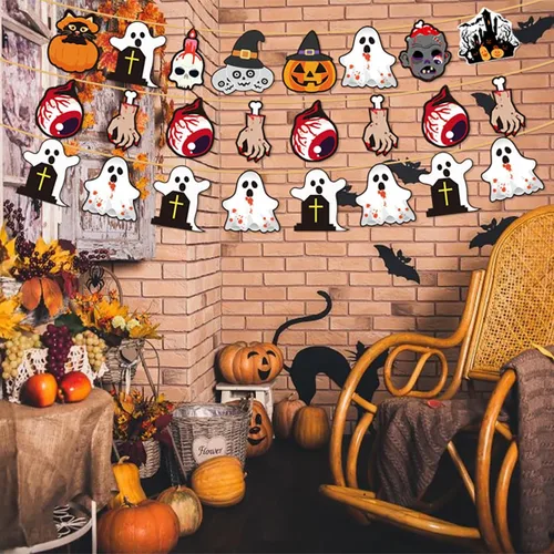 Vista 5 de Adornos de árbol de Halloween, colgantes colgantes de fantasma, diseño de impresión de doble cara, diseño de ojos, calavera, mano, calabaza, adornos