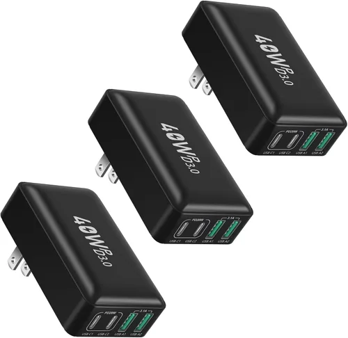 Vista 8 de Bloque de cargador plano USB C, enchufe de pared de carga rápida OKRAY 40W 4 puertos tipo C PD3.0&QC3.0 Multiport Charger Slim Travel Power