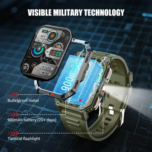 Vista 2 de Relojes inteligentes militares para hombres, reloj inteligente para Android iPhone con gran pantalla HD de 2.01 pulgadas, linterna, batería de 100