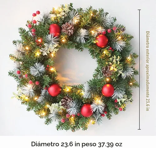 Vista 6 de Ochine Corona de Navidad Artificial Preiluminada de 16 Pulgadas, Coronas de Navidad Iluminadas para Puerta Principal, Corona de Navidad