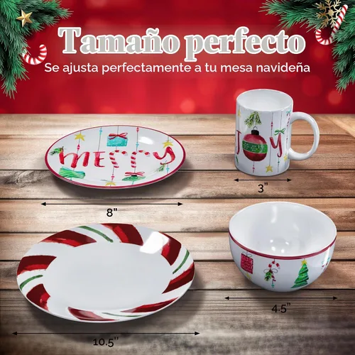 Vista 2 de American Atelier Juego de vajilla de gres con temática navideña de 16 piezas - Verde/Rojo