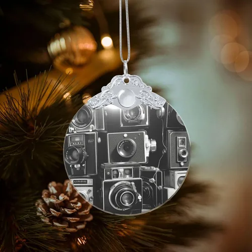 Vista 9 de Crystal Christmas Tree Ornaments Retro Cool Camera Collection Hanging Decoration with Gold Rope Christmas Round Glass Pendant Decor Xmas Tree