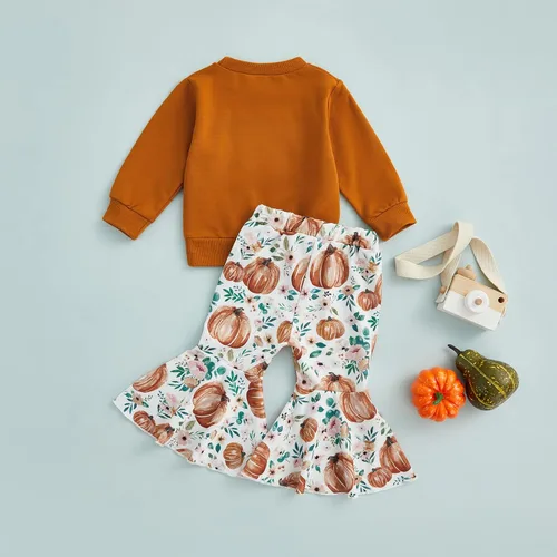 Vista 3 de Madjtlqy Conjunto de ropa de Halloween para bebé niña con estampado de calabaza con estampado de calabaza, camiseta de manga larga + pantalones
