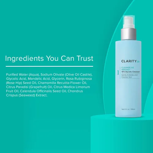 Vista 7 de ClarityRx Limpiar según sea necesario, 10% ácido glicólico exfoliante facial, limpiador facial iluminador natural a base de plantas para una piel