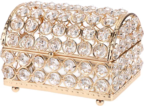 Vista 9 de Hipiwe Joyero de cristal grande dorado con tapa, organizador de joyas con espejo, caja de recuerdos, aretes, anillos, caja de joyería decorativa