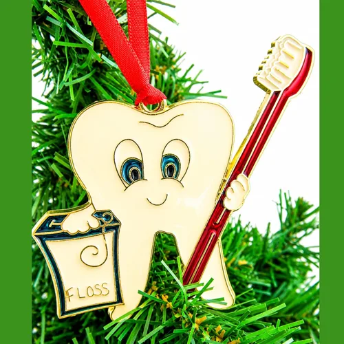 Vista 2 de Dentista Ornamento Diente con cepillo de dientes Decoración de Navidad Dental, 4 pulgadas