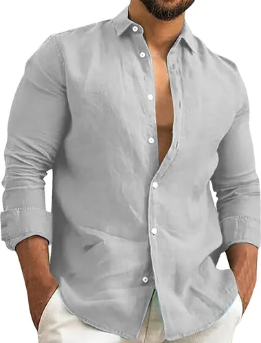 Vista 9 de Camisa de algodón y lino para hombre, manga larga, cuello liso, con botones, camiseta casual para playa y verano AG