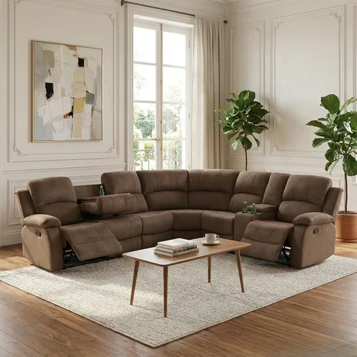 Vista 11 de Juego de sofá seccional reclinable manual, juegos de muebles de sala de estar de cuero regenerado en forma de L, sofá de esquina seccional