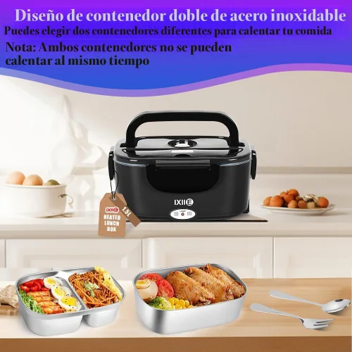 Vista 3 de IXIIE Lonchera eléctrica de 80W, calentador de alimentos para el trabajo, 12V/24V/110V, lonchera portátil para adultos con 2 envases de acero