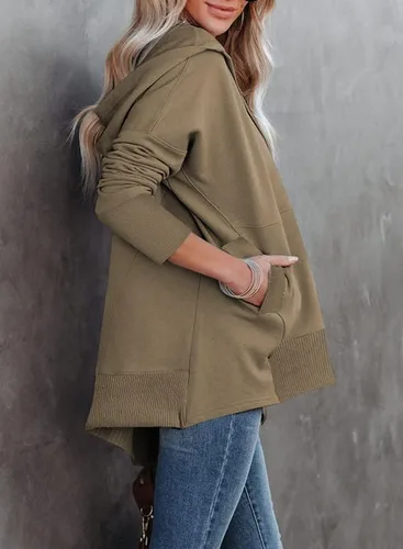 Vista 3 de SHEWIN Sudadera de gran tamaño para mujer, casual, con botones, cuello en V, con bolsillo