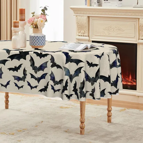 Vista 11 de Horaldaily Mantel rectangular de Halloween de 52 x 70 pulgadas, diseño de murciélagos, lavable, para decoración de fiestas, pícnic, cenas