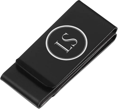Vista 5 de Visol Clip de dinero negro mate de doble pliegue noble personalizado con grabado láser gratis [A] Circle Monogram