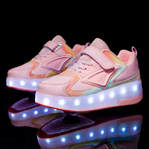 Vista 5 de HHSTS Zapatos para niños con ruedas, zapatos de color de luz LED, patines brillantes, zapatos de patinaje, regalos simples para niños y niñas