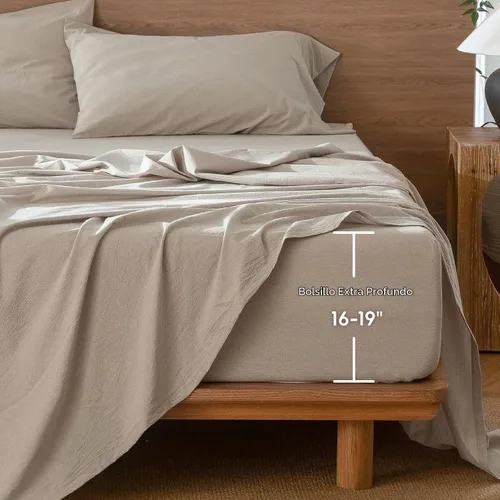 Vista 3 de MooMee Sábana bajera ajustable de solo 100% algodón lavado con textura parecida al lino, transpirable, duradera, suave, cómoda, bolsillo profundo