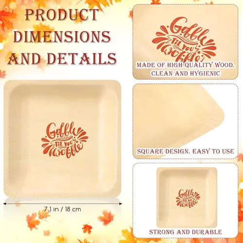 Vista 2 de Yaomiao 50 platos desechables de madera de otoño de 7 x 7 pulgadas, con estampado de Gobble Til You Wobble, platos cuadrados desechables de madera