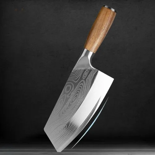Vista 2 de Cuchillo de carnicero de carne, cuchillo de cocina de 7.5 pulgadas con patrón láser de damasco, cuchillo de chef chino de acero inoxidable, cuchillo
