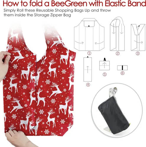 Vista 5 de BeeGreen Bolsas de comestibles reutilizables de Navidad con bolsa de almacenamiento con cremallera, paquete de 10 bolsas de compras reutilizables a