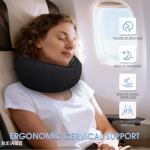 Vista 3 de Almohadas de viaje para el cuello para aviones, almohada cómoda de espuma viscoelástica, diseño ergonómico compacto, esenciales para dormir
