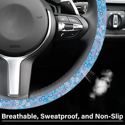 Vista 7 de Funda para volante con patrón bohemio azul, funda protectora para volante con estampado lindo, ultradelgada, transpirable, antideslizante
