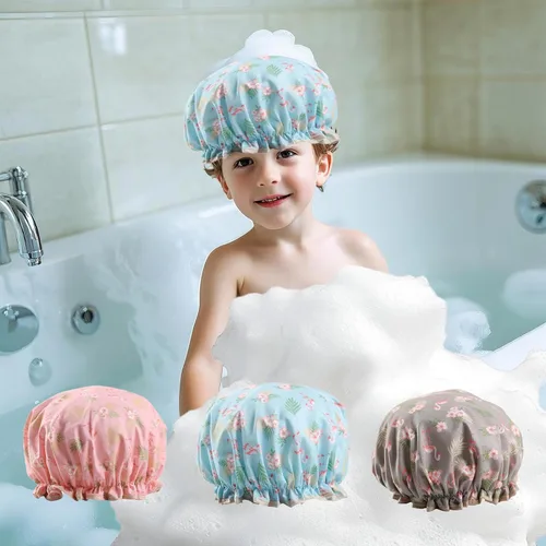 Vista 7 de Gorro de ducha para niños, paquete de 3 gorros de ducha grandes, reutilizables, de doble capa, impermeables, de plástico lavable, gorro de ducha