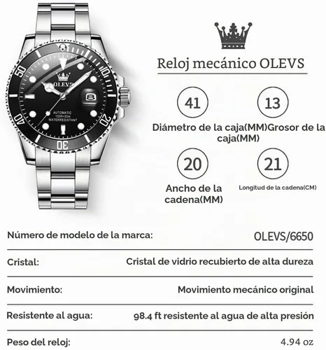 Vista 6 de OLEVS Automatic Watches for Men Mechanical Waterproof Stainless Steel Automático plateado negro