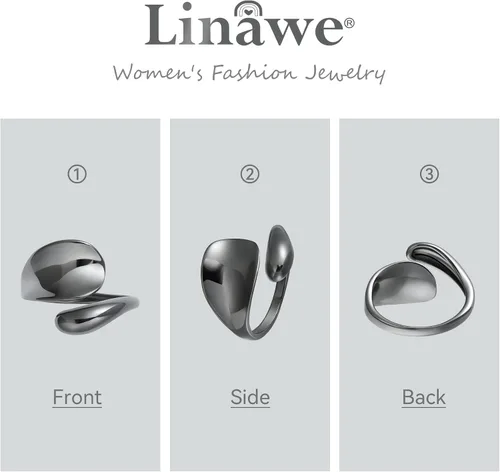 Vista 5 de Linawe Adjustable Chunky Rings for Women, 14K GoldRose GoldSilverBlack Hug Ring, Thumb Knuckle Signet Infinity Wave Rings, Stacking Spoon Rings