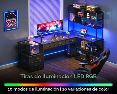 Vista 3 de AODK Escritorio en forma de L de 71 pulgadas con 5 cajones, luz LED y 2