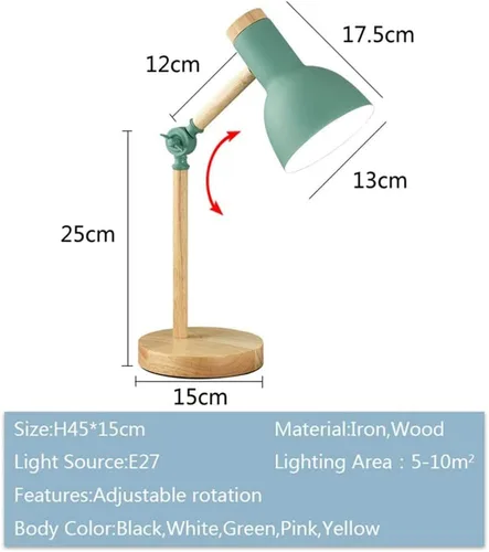 Vista 2 de Lámpara de escritorio moderna de madera con pantalla metálica ajustable - Lámpara de mesita de noche y negro para oficina, estudio, dormitorio