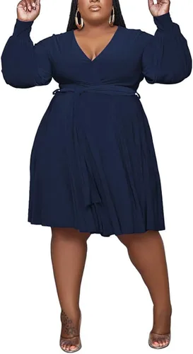 Vista 3 de Ophestin Vestido midi con cuello en V y cinturón sexy de talla grande para mujer