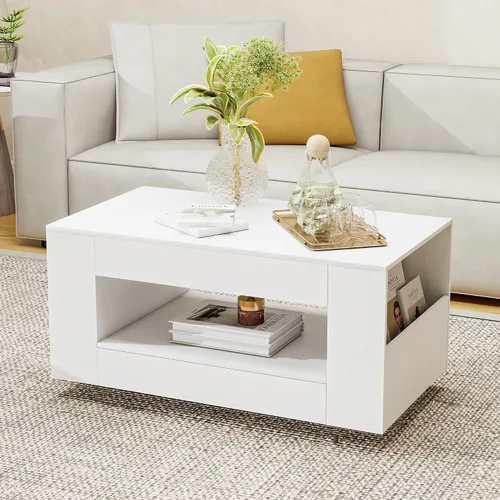 Vista 12 de Mesa de centro de grano de madera con estante abierto, mesa de cóctel moderna de alto brillo para sala de estar, dormitorio, oficina